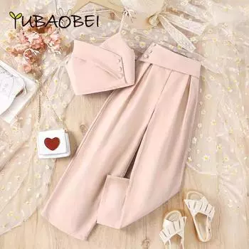 2024 деловой костюм для девочек-подростков, одежда для больших детей, топы с бретелькой на бретельках + широкие брюки, комплекты из жилета и брюк, одежда для детей 5–14 лет