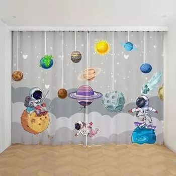 2024 дешевые индивидуальные мультяшные космические астронавты забавные шторы, мальчики дети ракета планета тонкие затеняющие шторы для спальни гостиной W60xH100(CM)x2pcs&Hook