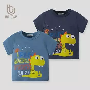 2024 Детская хлопковая футболка с короткими рукавами и рисунком динозавра из мультфильма 90 cm темно-синий