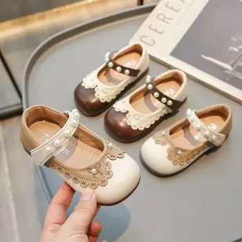 2024 детская кожаная обувь, милая модная милая обувь принцессы с жемчужинами и рюшами для девочек, повседневная весенняя детская обувь на плоской подошве для свадьбы 21 бежевый