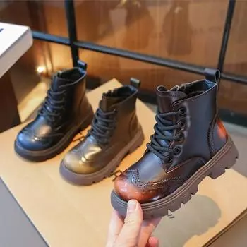 2024 Детская обувь для девочек, модные кожаные ботинки для мальчиков и девочек, зимние теплые детские уличные теплые хлопковые ботинки с круглым носком 26 коричневый