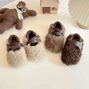 2024 Детская обувь принцессы для девочек, зимняя новая мода в корейском стиле, мягкая подошва, нескользящая, ретро, универсальная, плюшевая обувь 23 бежевый