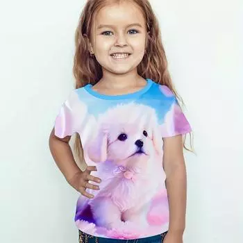 2024 Детская одежда 3D Милые футболки с рисунком кота с коротким рукавом Одежда для девочек Круглый вырез Детская одежда Футболка для девочек Модная футболка 170
