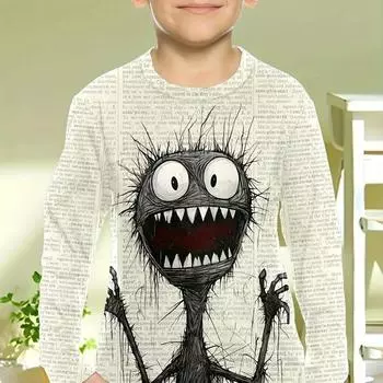 2024 Детская одежда Футболка для мальчиков с длинным рукавом Детский топ с графическим принтом на Хэллоуин Креативная детская летняя одежда Детская одежда 170