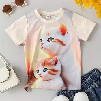 2024 Детская одежда Милые девушки мультфильм котенок графические футболки круглый вырез короткий рукав футболка топ для летней одежды ребенок девочка 100