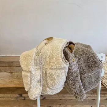 2024 Детская одежда Осень и зима Новая детская корейская вельветовая жилетка из ягненка утолщенная зимняя одежда для девочек 130 бежевый