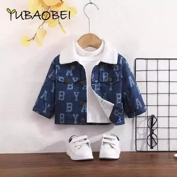 2024 Детская одежда осень-зима повседневная куртка с лацканами и буквенным принтом модные флисовые пальто для мальчиков 9-12M темно-синий