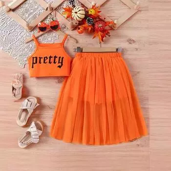 2024 детская одежда, жилет без рукавов с принтом для девочек + сетчатая юбка для большого ребенка, костюм на бретельках, топ из 2 предметов, Stes 13-14Y оранжевый