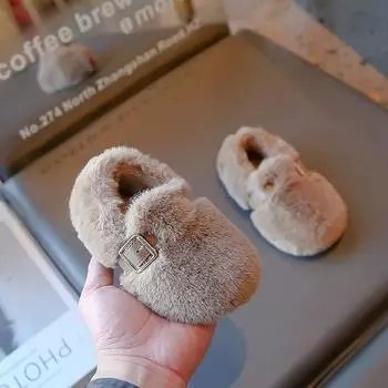 2024 Детская плюшевая обувь для девочек, зимняя новая мода в корейском стиле, мягкая подошва, нескользящая, универсальная, шикарная, повседневная обувь для принцесс 21 бежевый
