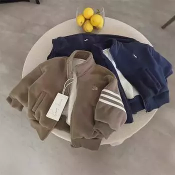 2024 Детская плюшевая теплая куртка и модный флисовый костюм из двух частей для мальчиков и девочек 90 cm темно-синий