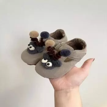 2024 Детская универсальная повседневная обувь для девочек, зимняя новая мода в корейском стиле, мягкая подошва, нескользящая, сохраняющая тепло, кожаные балетки 21 серый