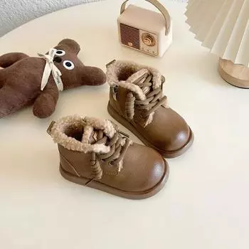 2024 Детские короткие ботинки для девочек и мальчиков, зимние новые модные британские туфли с мягкой подошвой, нескользящие, универсальные, шикарные, кожаные 23 коричневый