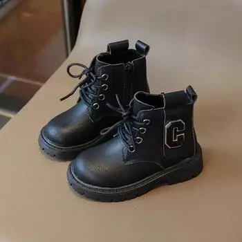 2024 Детские короткие ботинки для девочек осень-зима Новая мода британский стиль повседневные нескользящие универсальные модные кожаные туфли 21 бежевый