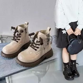 2024 Детские короткие ботинки для девочек, осенние, новые, модные, корейский стиль, мягкая подошва, нескользящие, шикарные, универсальные, повседневные, кожаные туфли 26 бежевый