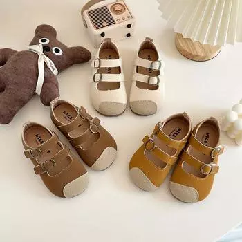 2024 Детские кожаные туфли для девочек, осень, новые модные туфли в корейском стиле с мягкой подошвой, нескользящие, повседневные, универсальные, шикарные, балетки 23 бежевый