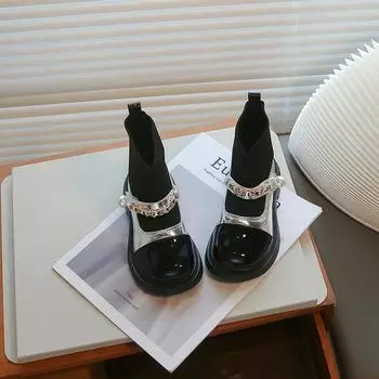 2024 Детские кожаные туфли для девочек осень-зима новые модные корейские туфли с мягкой подошвой, нескользящие, универсальные туфли принцессы 26 чёрный