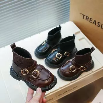 2024 Детские кожаные туфли для девочек осень-зима новые модные британские туфли с мягкой подошвой и противоскользящей подошвой в стиле принцессы 23 чёрный