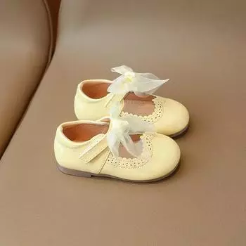 2024 Детские кожаные туфли для девочек весна-осень новые модные мягкие удобные корейские туфли принцессы универсальные однотонные туфли 16 жёлтый