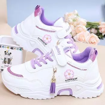 2024 Детские кроссовки для девочек, модные кроссовки из ПУ с мягкой подошвой, детская нескользящая повседневная обувь, белые туфли для школьников и студентов 36(inner 22.5cm) темно серый