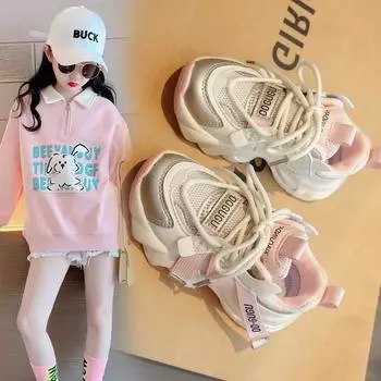 2024 Детские кроссовки для девочек, осень, новая мода, корейский стиль, мягкая подошва, нескользящая, дышащая, сетка, универсальная обувь 26 розовый