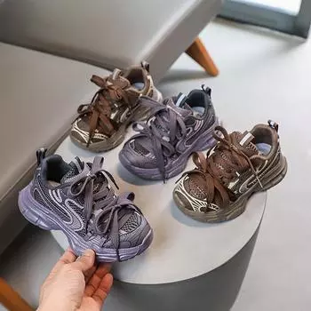 2024 Детские кроссовки Модные баскетбольные кроссовки для детей Девочек Школьные сетчатые лоскутные кроссовки для мальчиков Повседневные толстые теннисные туфли Нескользящие 26 хаки
