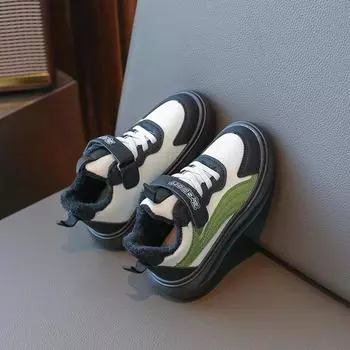 2024 Детские меховые теплые кроссовки для девочек, зимняя новая мода в корейском стиле, мягкая подошва, нескользящая, универсальная спортивная обувь 26 зелёный