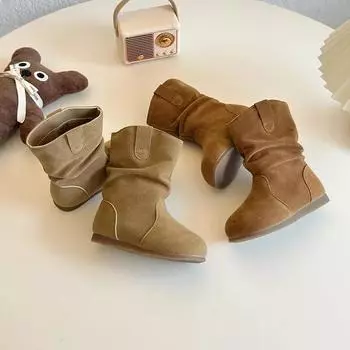 2024 Детские модные ботинки до середины икры для девочек осень-зима Новые британские туфли с мягкой подошвой, нескользящие, универсальные, кожаные 23 верблюд
