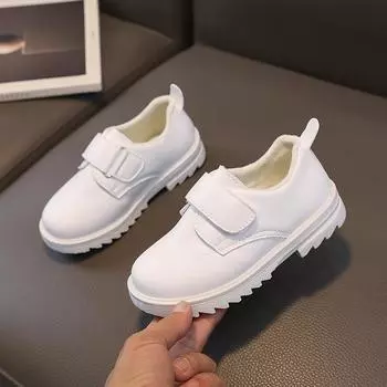 2024 Детские модные кожаные туфли для девочек на липучке, черные, белые, для мальчиков, нескользящие, с круглым носком, детские мокасины, Прямая поставка, ПУ 21 бежевый