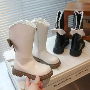 2024 Детские модные высокие сапоги для девочек, зимние новые корейские стильные милые бабочки, мягкая подошва, нескользящая универсальная кожаная обувь 26