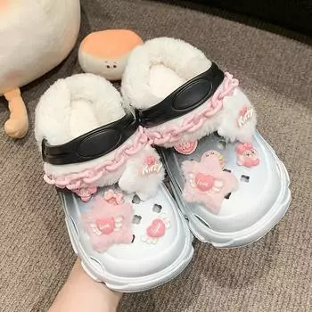 2024 Детские плюшевые тапочки для девочек, зимние новые модные корейские мягкие нескользящие сохраняющие тепло универсальные тапочки с круглой головкой 24-25