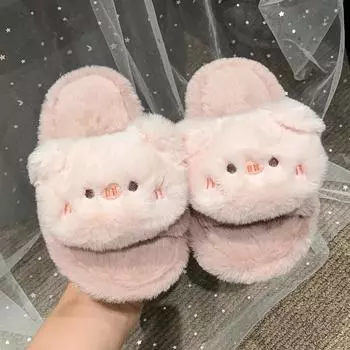 2024 Детские плюшевые тапочки для девочек Зимние новые модные милые животные в корейском стиле с открытым носком, нескользящие, универсальные, шикарные туфли 26-27 хаки