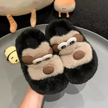 2024 Детские плюшевые тапочки для девочек, зимние новые модные милые собачки с мягкой подошвой, нескользящие, повседневные, уличные, шикарные, теплые тапочки 26-27 чёрный