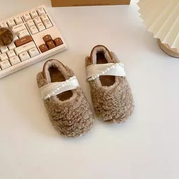 2024 Детские плюшевые туфли принцессы для девочек, зимние новые модные корейские мягкие нескользящие милые шикарные теплые кожаные туфли 23 бежевый