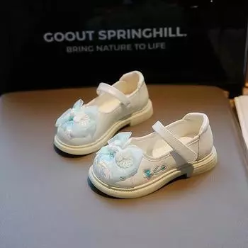 2024 Детские ретро кожаные туфли для девочек, осень, новые модные шикарные китайские вышитые узлы, удобные туфли принцессы ханьфу 26