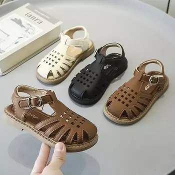 2024 Детские сандалии, однотонные повседневные летние сандалии для мальчиков, модные вырезы, детские пляжные сандалии для девочек на плоской подошве, нескользящие, универсальные 23 чёрный