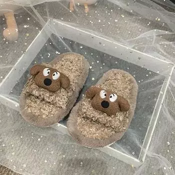 2024 Детские теплые тапочки для девочек, зимние, новые, модные, корейские, милые, с собачками, мягкие, нескользящие, универсальные, шикарные, плюшевые балетки 26-27 чёрный