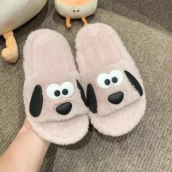 2024 Детские теплые тапочки с открытым носком для девочек, зимняя новая мода, милая собака, корейский стиль, мягкая подошва, нескользящая, шикарная обувь 26-27 чёрный