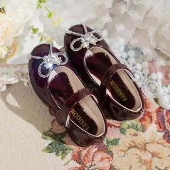 2024 Детские туфли принцессы из кожи для девочек, осенние, новые модные, мягкие, удобные, элегантные, шикарные, с бантом, для вечеринки, свадьбы 23 чёрный