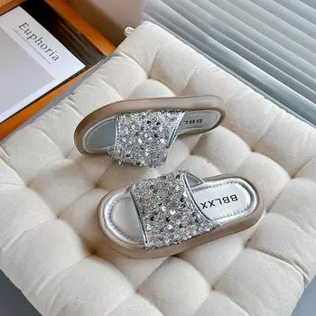 2024 Детские уличные тапочки для девочек, летняя новая мода, корейский стиль, мягкая подошва, удобная повседневная нескользящая пляжная обувь 26 серебряный