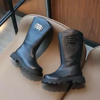 2024 Детские высокие сапоги для девочек осень-зима новые модные мягкие удобные повседневные универсальные туфли принцессы на молнии в британском стиле 26 чёрный