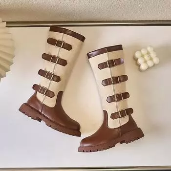 2024 Детские высокие сапоги для девочек осень-зима Новая мода и удобный британский стиль Повседневная универсальная модная кожаная обувь 27 чёрный