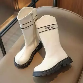 2024 Детские высокие сапоги для девочек, зимние, новые, модные, мягкие, удобные, нескользящие, британские, корейские, универсальные, сохраняющие тепло, плюшевые туфли 26 бежевый