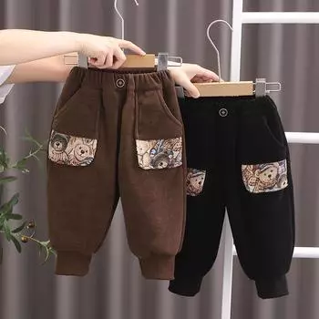 2024 Детские зимние брюки из хлопкового бархата с рисунком: Толстый, теплый, удобный, повседневный 100cm чёрный