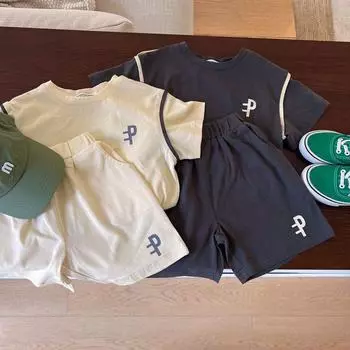 2024 Детский летний хлопковый костюм-двойка с короткими рукавами – Корейский стиль для мальчиков и девочек 80 cm бежевый