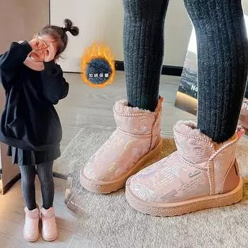 2024 Девочки Кожаные Теплые Зимние Сапоги Детские Мальчики Малыши Дети Осень Зима Плюшевые Модные Сапоги Водонепроницаемая Повседневная Обувь Schuhe 25 чёрный