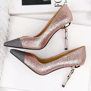 2024 Дизайнерские блестящие туфли-лодочки, сексуальные, с блестками, цветные, неглубокие, женские туфли для офиса, на высоком каблуке с острым носком 34 чёрный