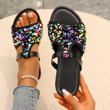 2024 Дизайнерские сандалии Женские летние шлепанцы Женская обувь Плоские сандалии Уличные шикарные сандалии Женские пляжные туфли на платформе Sandalias 36 чёрный