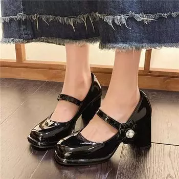 2024 Дизайнерские туфли-лодочки с пряжкой Толстые каблуки Высокие каблуки для леди Туфли Мэри Джейн Платформа Водонепроницаемая обувь JK Punk Обувь Квадратный каблук 34 чёрный