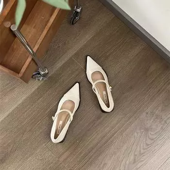 2024 Дизайнерские весенние женские туфли Мэри Джейн, женская мода, острый нос, толстый каблук, женские удобные офисные туфли-лодочки 35 бежевый