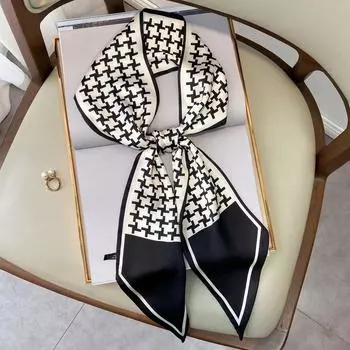 2024 Дизайнерский Маленький Шелковый Узкий Длинный Клетчатый Шарф Женский Геометрический Принт Платок Дамская Голова Повязка На Голову Шарф Косынка Женский 15x150cm бежевый